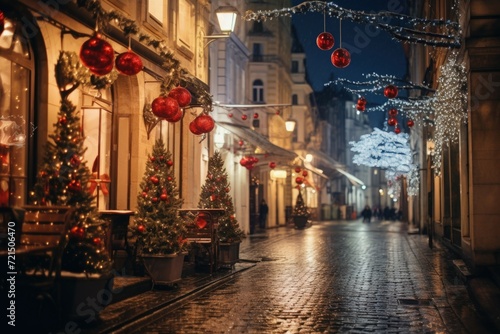 A vibrant street adorned with beautiful Christmas lights and decorations. Perfect for adding a touch of holiday spirit to any project