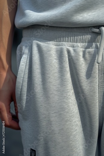 A close-up view of a person wearing a pair of sweatpants. Versatile image suitable for various themes
