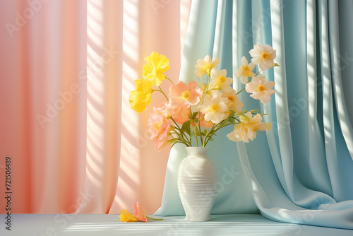 Spring scene with pastel curtains and fresh flowers on a sunny backdrop