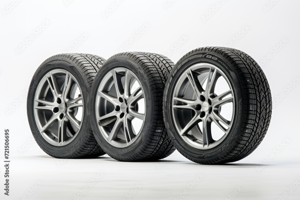 Four tires lined up on a white surface. Suitable for automotive and transportation themes