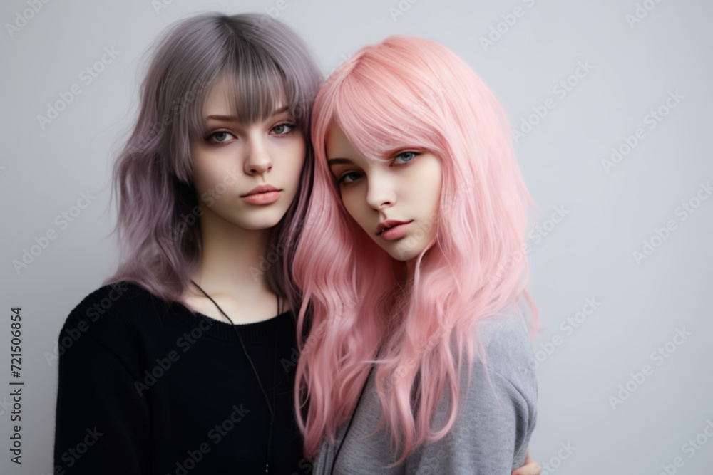 Portrait of two beautiful alternative girls with colored dyed hair