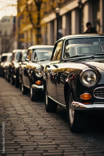 A row of vintage cars parked on the side of a street. Perfect for automotive enthusiasts or vintage-themed projects © Fotograf