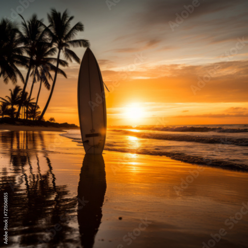 Surfboard and palm trees on sunset beach background.