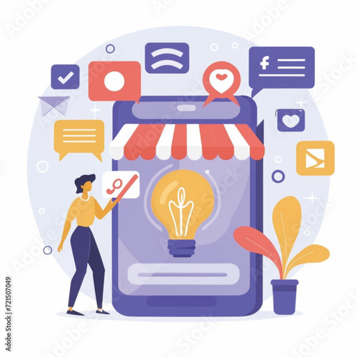 2d vector illustration colorful social media boost , influence blogger E-marketer via Internet pages marketing referral