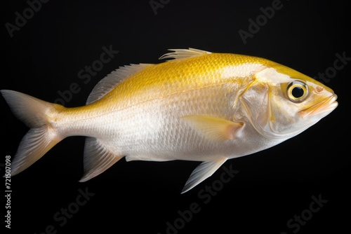 A detailed close-up of a fish captured against a black background. Ideal for aquatic-themed projects and designs © Fotograf