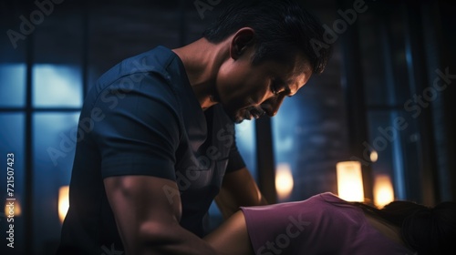 A picture of a man and a woman in a dimly lit room. This image can be used to depict a romantic or intimate setting