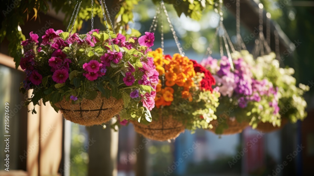 A row of hanging baskets filled with vibrant flowers. Perfect for adding a touch of color and beauty to any outdoor space