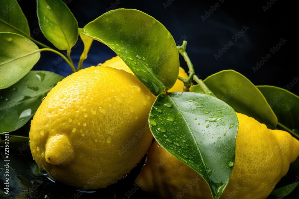 A couple of lemons sitting on top of a tree. Perfect for food and nature-related projects