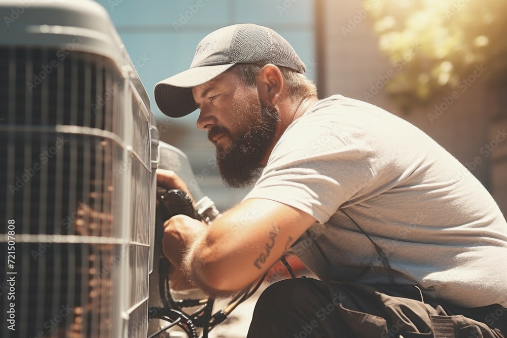 A man with a beard is fixing an air conditioner. Suitable for home improvement projects or HVAC repair services