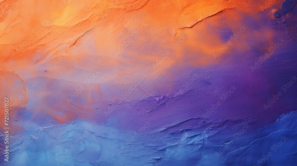 A close up view of a painting featuring vibrant orange and blue colors. This picture can be used to add a pop of color and creativity to any design project