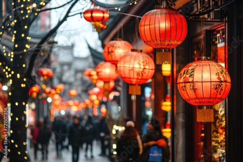 Chinese Lanterns Adorning Street  Festive Red Lantern Decor  Busy Market Lunar Celebration