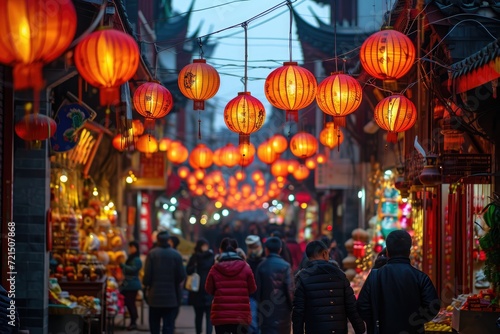 Chinese Lanterns Adorning Street; Festive Red Lantern Decor; Busy Market Lunar Celebration