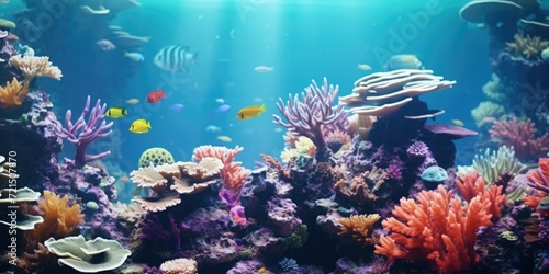 A fish tank filled with lots of different types of fish. Can be used to illustrate diversity  aquatic life  or pet care