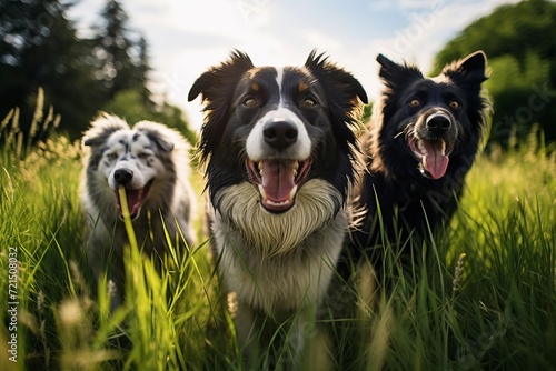 Three Dogs playing in a grassy field photo