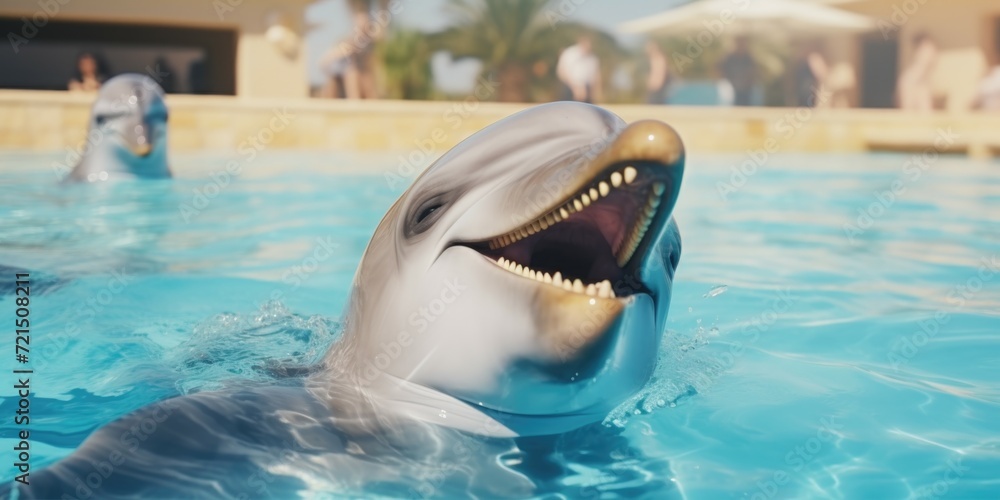 Obraz na płótnie A dolphin with its mouth open in a pool. This image can be used to depict the playful and energetic nature of dolphins in aquatic environments w salonie