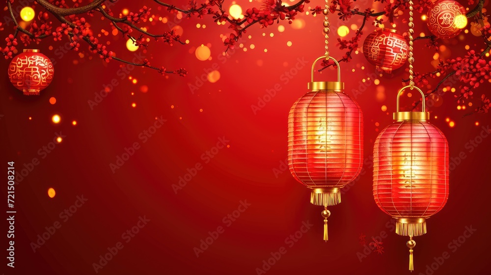 Festive Red Lanterns and Blossoms; Chinese New Year Ambience; Glowing Lanterns Festive Background Festive Red Lanterns and Blossoms; Chinese New Year Ambience; Glowing Lanterns Festive Background