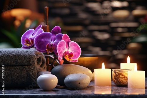 A table with candles and a pile of towels. This image can be used to depict a spa or wellness setting