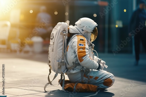 A person dressed in a space suit sitting on the ground. Suitable for science fiction or space-themed concepts