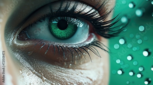 A close up photograph of a person's green eye. Suitable for use in medical, beauty, or artistic projects