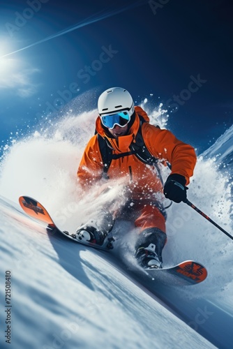 A man is seen riding skis down the side of a snow covered slope. This image can be used to depict winter sports and outdoor activities