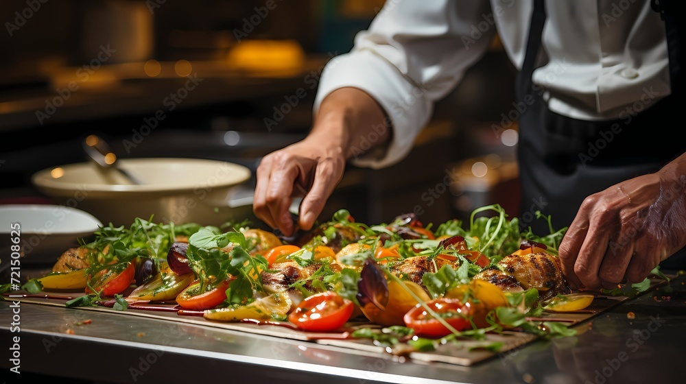 A close-up of a chef's hands preparing a gourmet dish in a restaurant kitchen