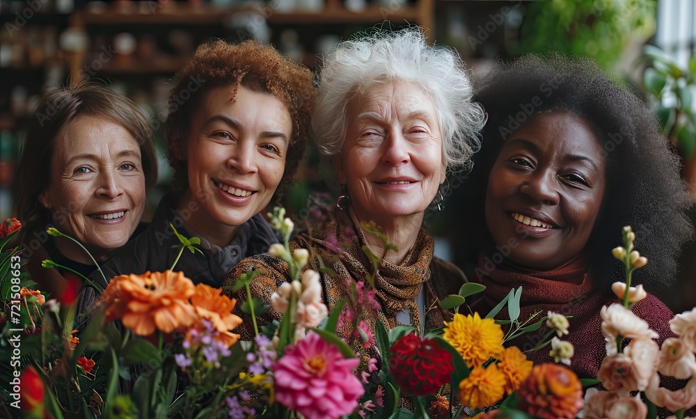 Diverse Women Smiling with Colorful Blooms Diverse Women Smiling with Colorful Blooms