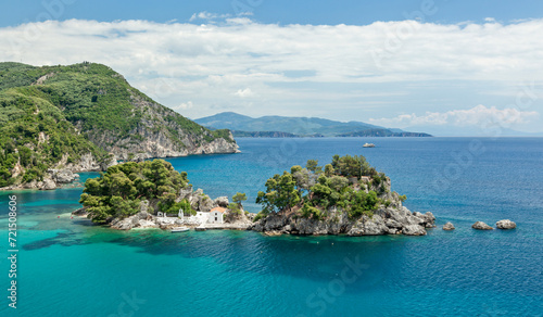 Panoramic view of the islet of Panagia ("Virgin Mary") from the Venetian castle of Parga town, Epirus, Greece