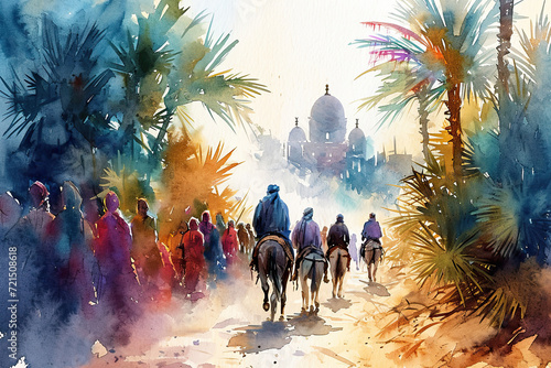 Palm Sunday Colorful watercolor of a caravan and mosque amidst palm trees