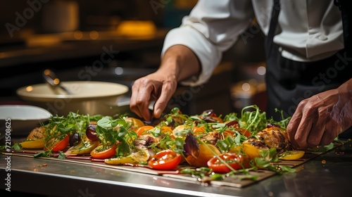 A close-up of a chef's hands preparing a gourmet dish in a restaurant kitchen