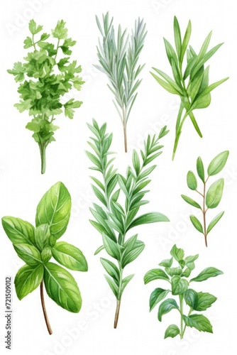 A collection of different types of herbs displayed on a clean white background. This versatile image can be used for culinary, health, or natural medicine-related projects