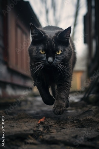 A black cat running on the ground. Suitable for various uses