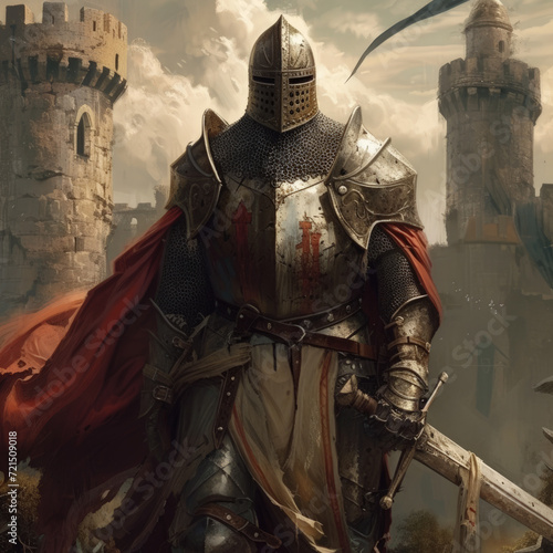 Crusader knight with a sword against the backdrop of an ancient castle. Medieval knight in heavy armor. AI generated