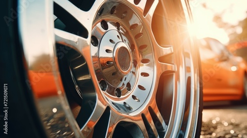 A detailed view of a tire on a car. This image can be used to showcase automotive maintenance or as a background for car-related content