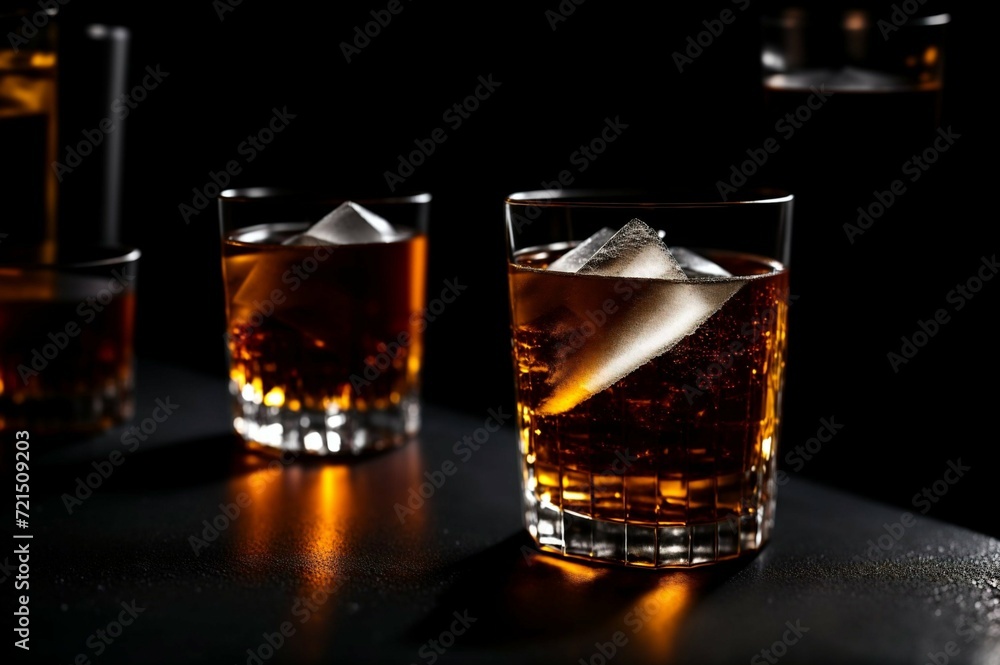Two glasses of whiskey with ice on a black background, selective focus Two glasses of whiskey with ice on a black background, selective focus