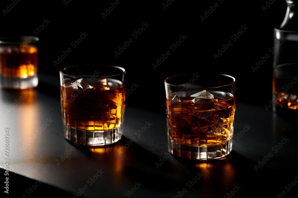 Two glasses of whiskey with ice on a black background, selective focus Two glasses of whiskey with ice on a black background, selective focus