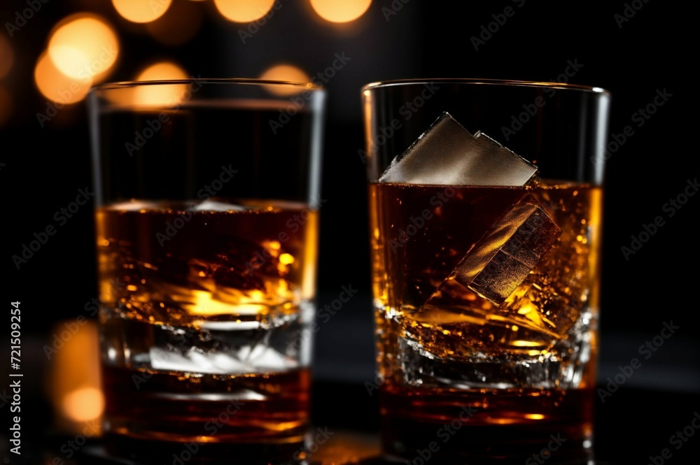 Two glasses of whiskey with ice on a black background, selective focus Two glasses of whiskey with ice on a black background, selective focus