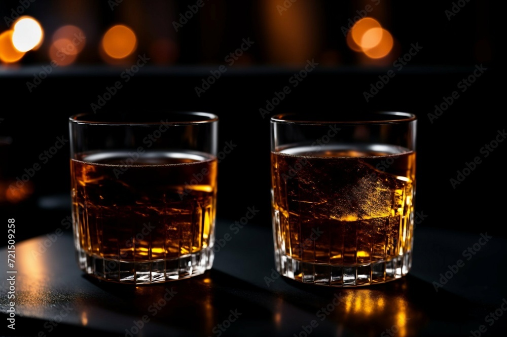 Two glasses of whiskey with ice on a black background, selective focus Two glasses of whiskey with ice on a black background, selective focus