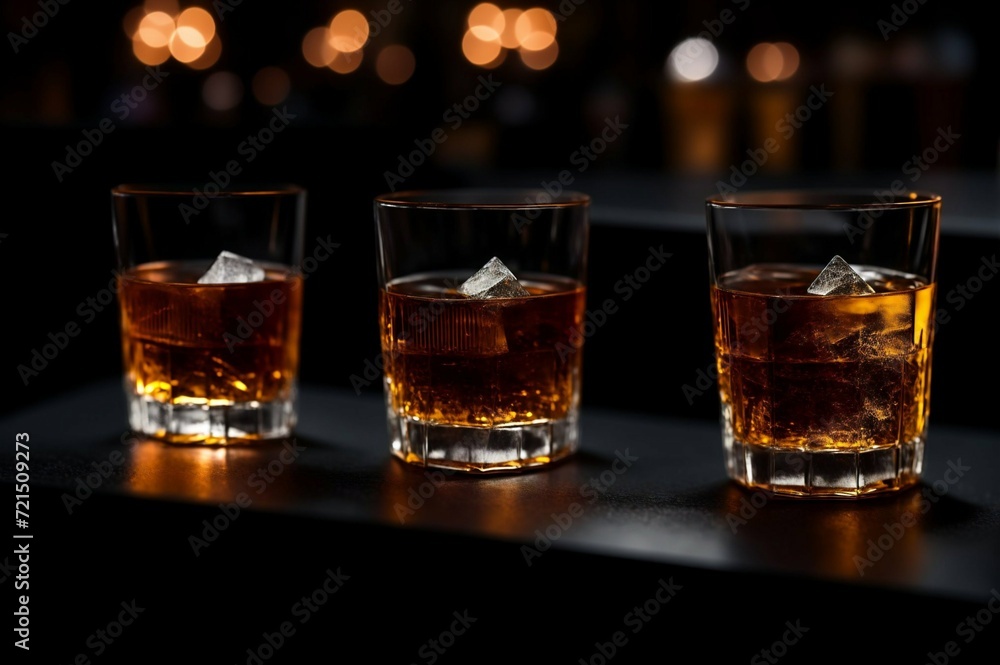 Two glasses of whiskey with ice on a black background, selective focus Two glasses of whiskey with ice on a black background, selective focus