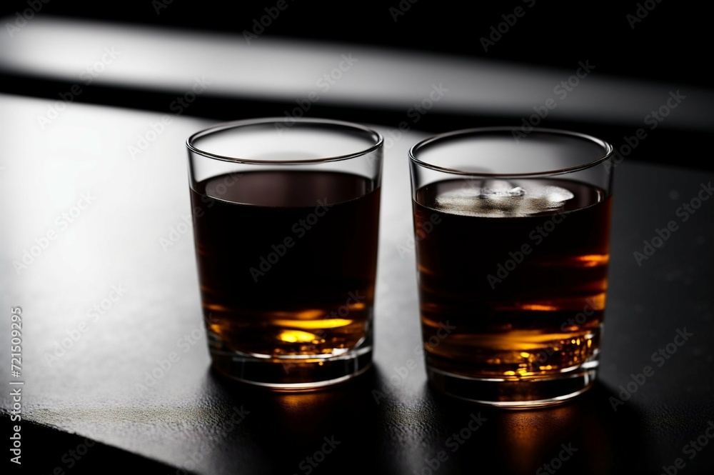 Two glasses of whiskey with ice on a black background, selective focus Two glasses of whiskey with ice on a black background, selective focus