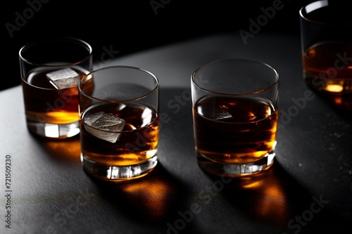 Two glasses of whiskey with ice on a black background, selective focus