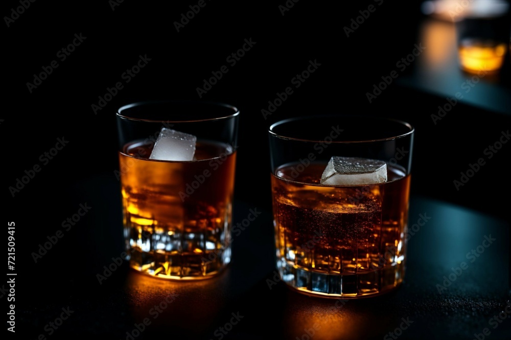 Two glasses of whiskey with ice on a black background, selective focus Two glasses of whiskey with ice on a black background, selective focus