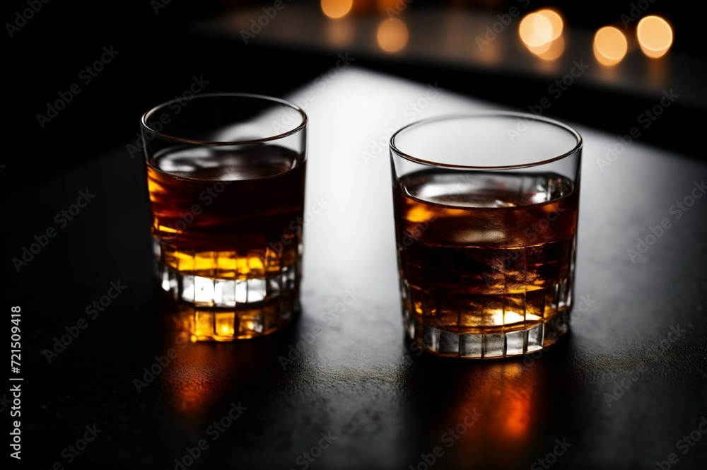 Two glasses of whiskey with ice on a black background, selective focus Two glasses of whiskey with ice on a black background, selective focus