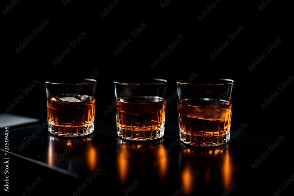 Two glasses of whiskey with ice on a black background, selective focus Two glasses of whiskey with ice on a black background, selective focus