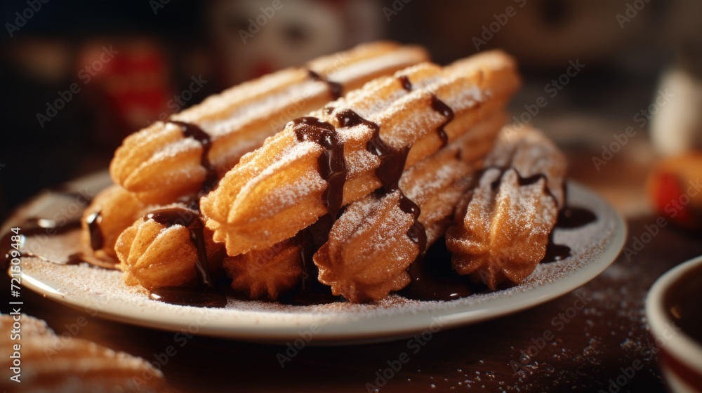 A plate of chocolate covered waffles on a table. Perfect for breakfast or dessert A plate of chocolate covered waffles on a table. Perfect for breakfast or dessert