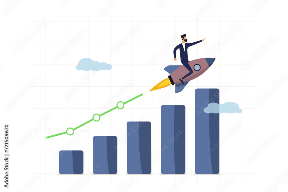 Businessman riding rocket on growth bar graph or rising up revenue chart. Business growth, investment profit increase, progress or development concept. Businessman riding rocket on growth bar graph or rising up revenue chart. Business growth, investment profit increase, progress or development concept.