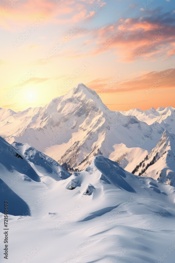 A beautiful snow covered mountain with a vibrant sunset in the background. Perfect for nature and landscape enthusiasts.