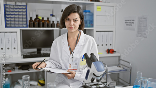 Focused young  beautiful hispanic woman scientist meticulously taking notes on clipboard during crucial experiment in bustling laboratory