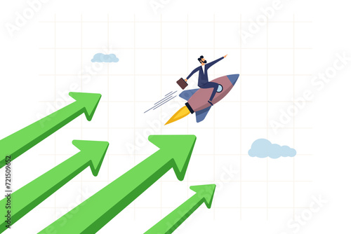 Businessman riding rocket booster with growth arrow. Financial growth, innovation boost profit or sales, growing business for success concept.