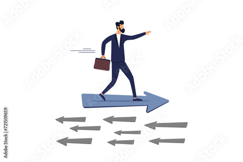 Businessman riding arrow in different direction or other people or mainstream. Contrary investment.