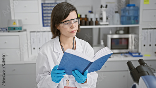 Young beautiful hispanic woman scientist reading book at laboratory